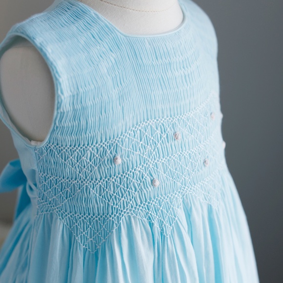 Strasburg Dress Smocked Sleeveless RARE Aqua Blue Pink Accents Spring Summer - Picture 1 of 7